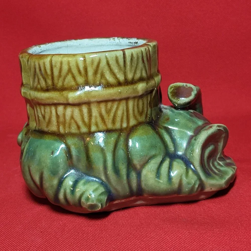 VTG Planter Pot Green Lucky Trunk Up Baby Elephant Ceramic